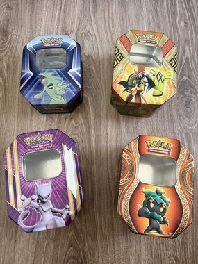 Pokemon Trading Card Tins - Purple, Blue, Orange, Yellow, Gold Designs